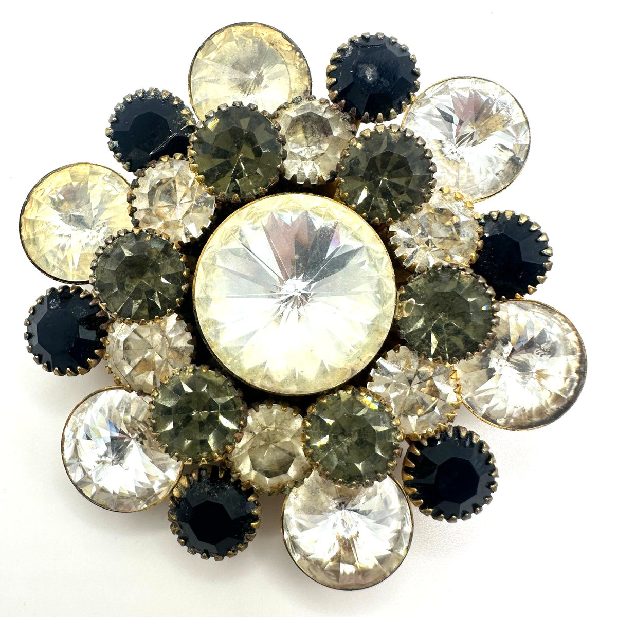 Vintage gold tone large clear rivolis smoky gray black rhinestones brooch