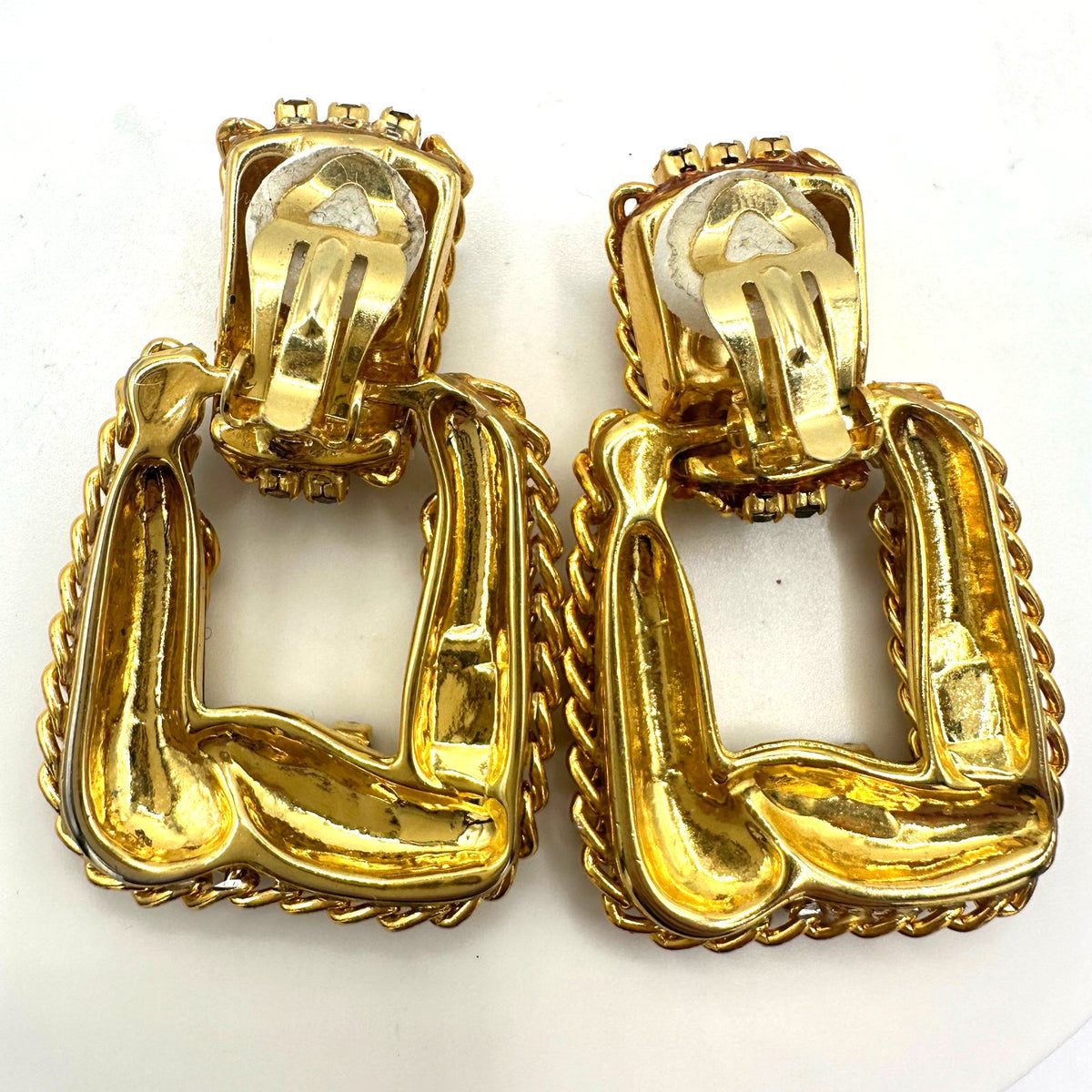 Vintage gold silver two tone black rhinestones door knocker clip on earrings