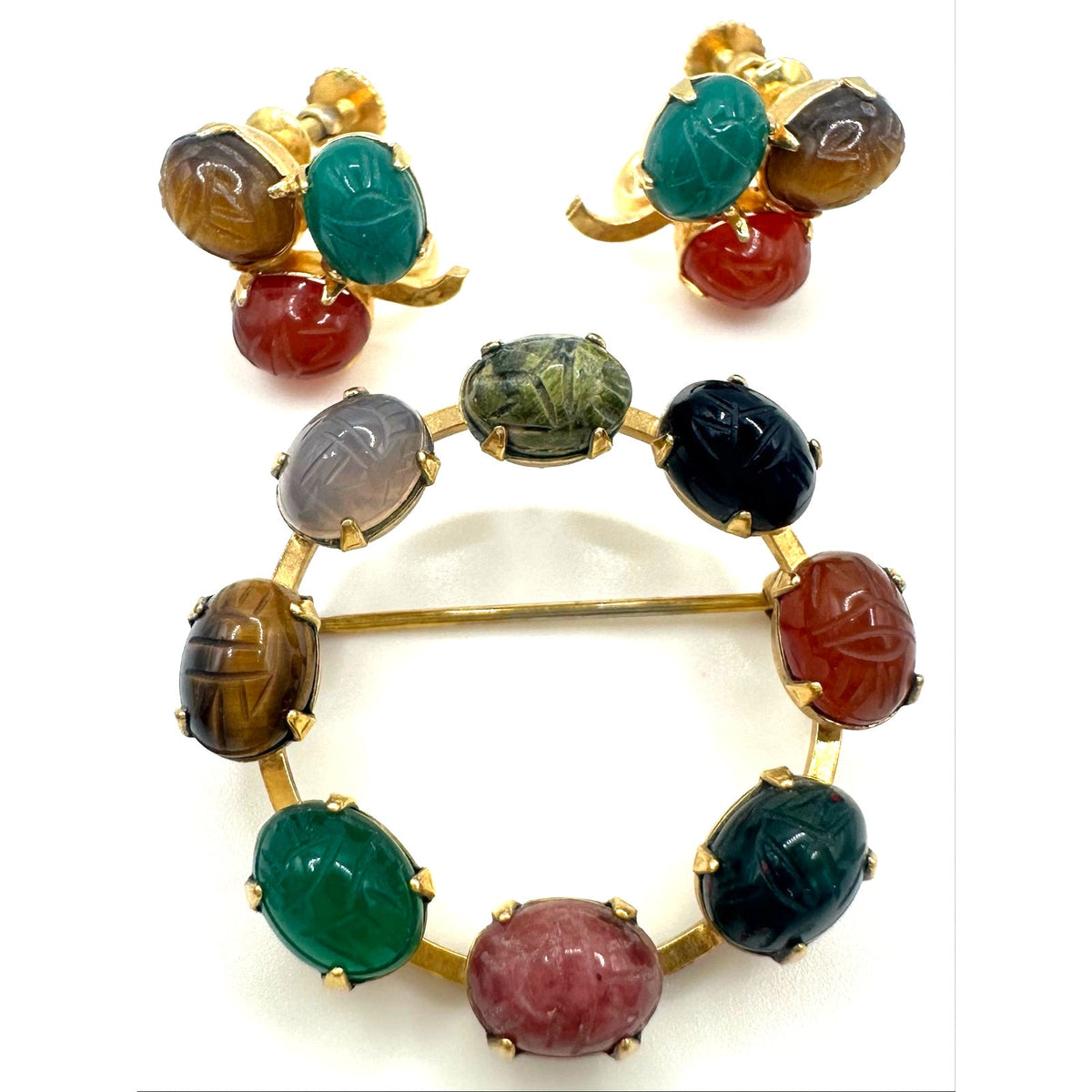 Vintage gold filled semiprecious scarab beetles screw back earrings brooch