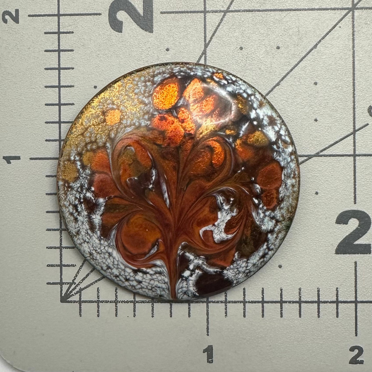 Inga vintage artisan fiery red orange white enamel round circular disc brooch