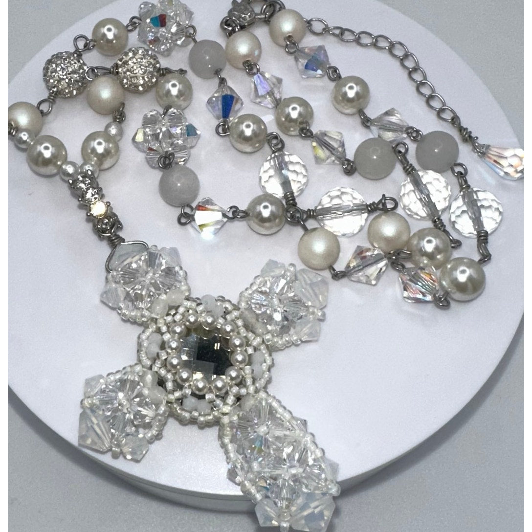 Handmade clear AB white opalite glass faux pearls cross beads beaded necklace