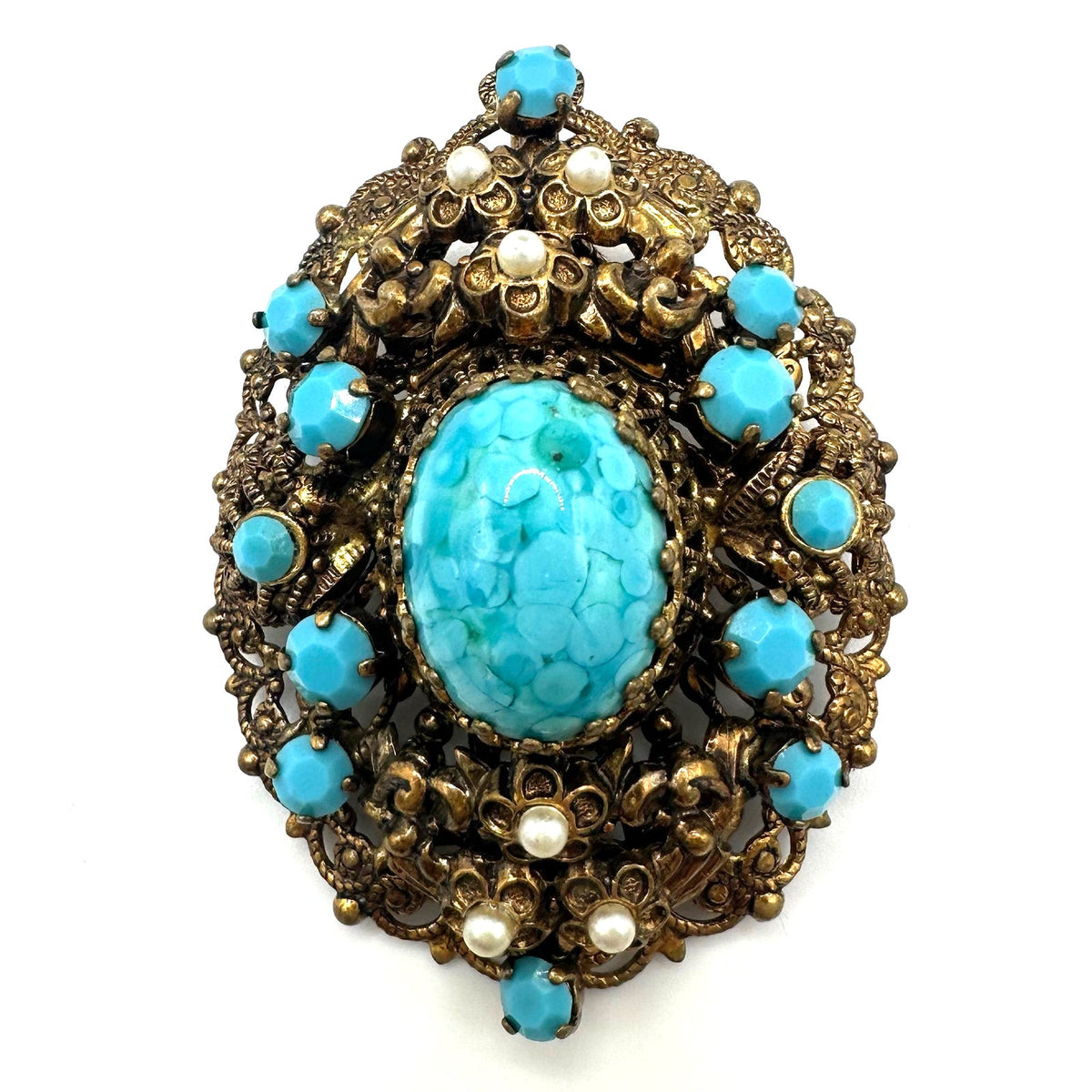 West Germany vintage gold tone turquoise art glass rhinestones brooch pendant