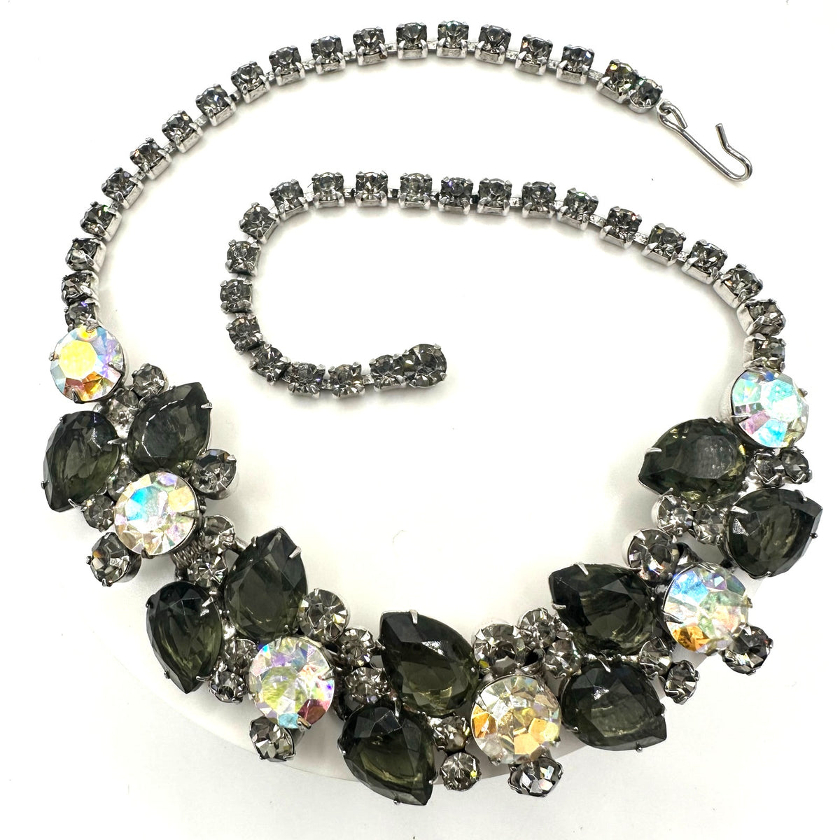 Juliana 1960s vintage book piece silver tone AB gray glass rhinestones necklace