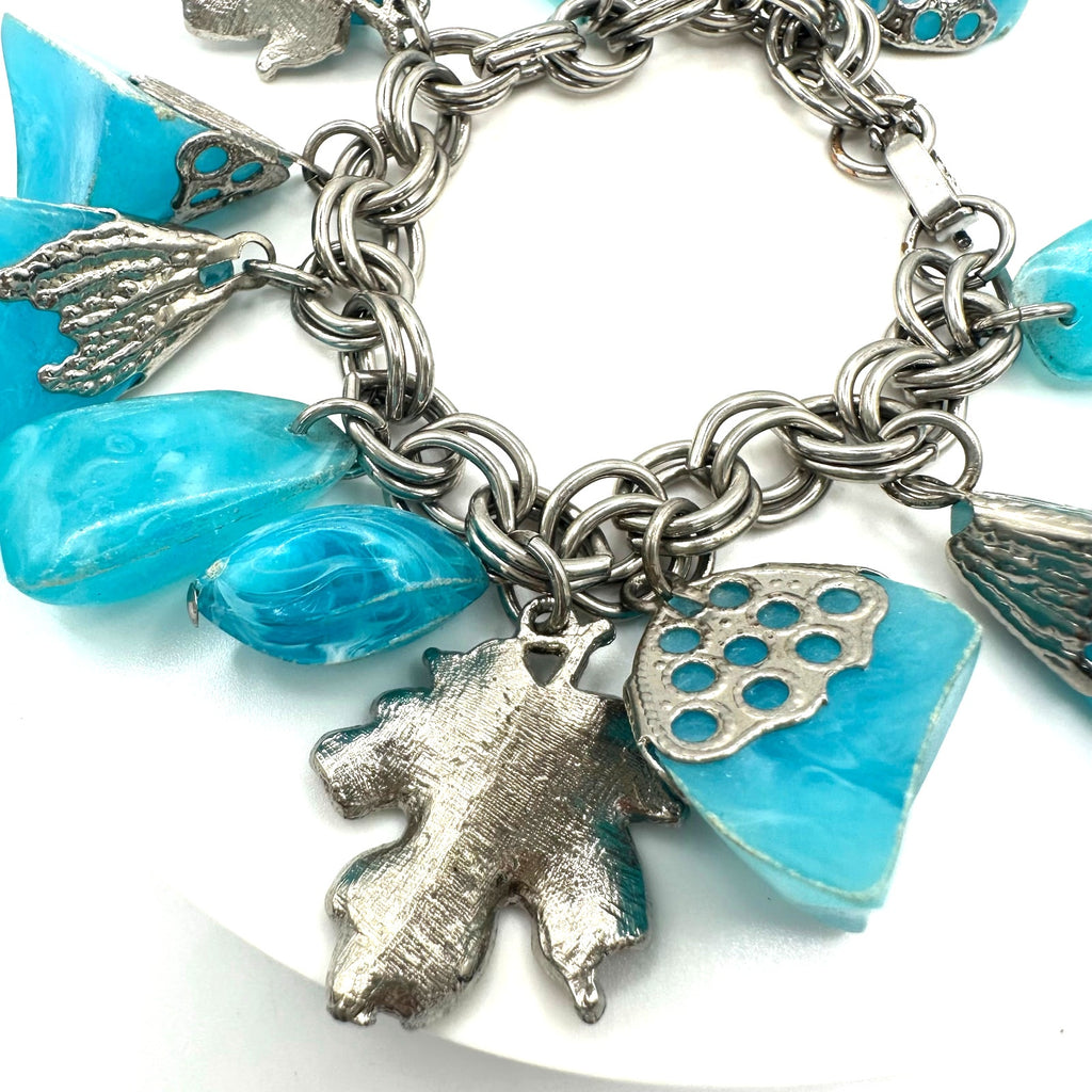 Vintage 1960s silver tone double cable link light blue lucite charms bracelet