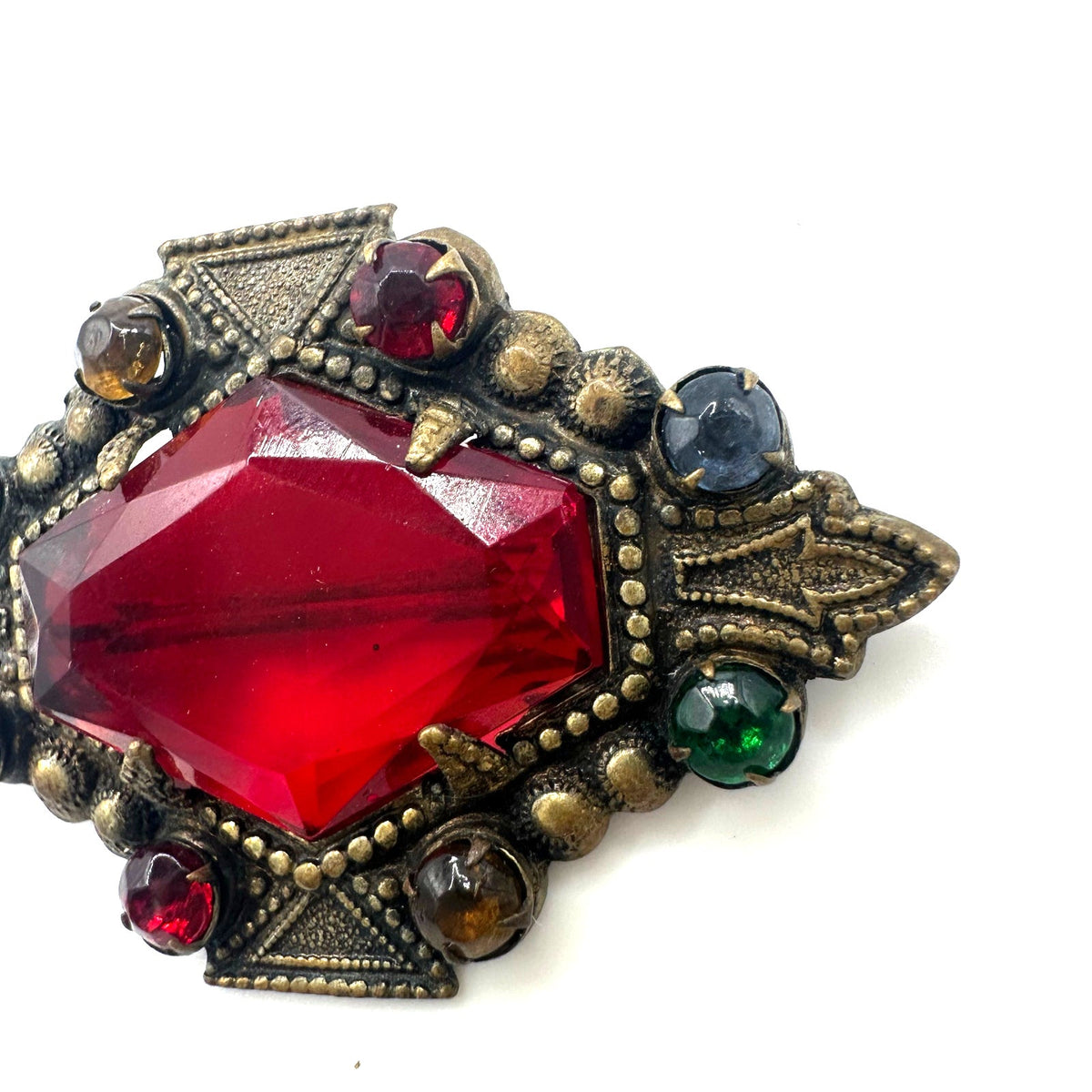 Antique Art Deco 1920s brass multicolor Czech glass rhinestones brooch pendant
