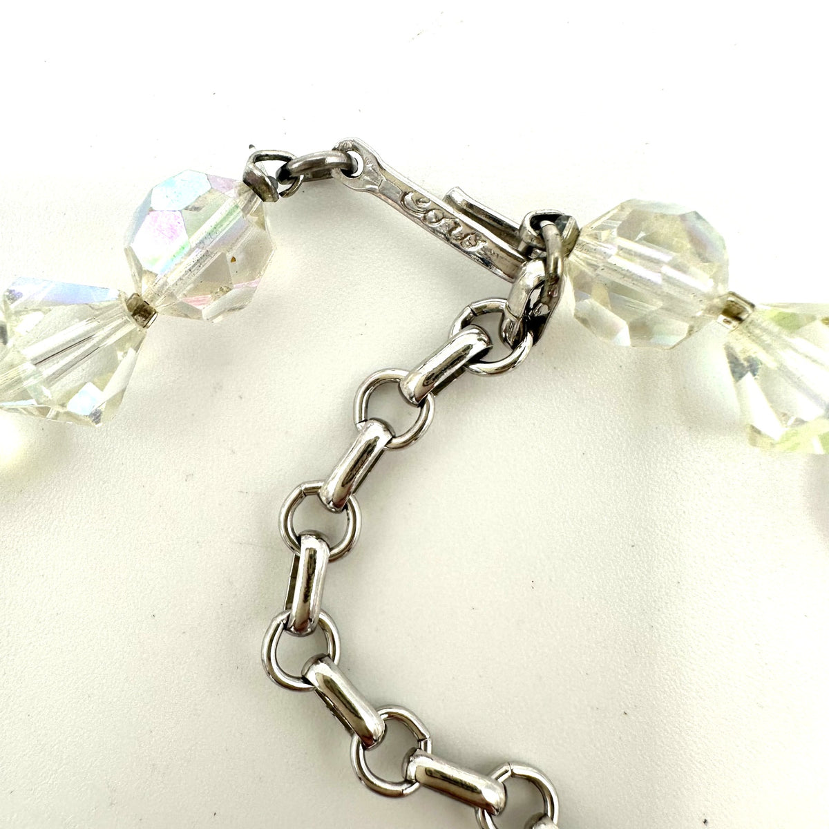 Coro 1950s vintage clear faceted glass aurora borealis AB beads beaded necklace