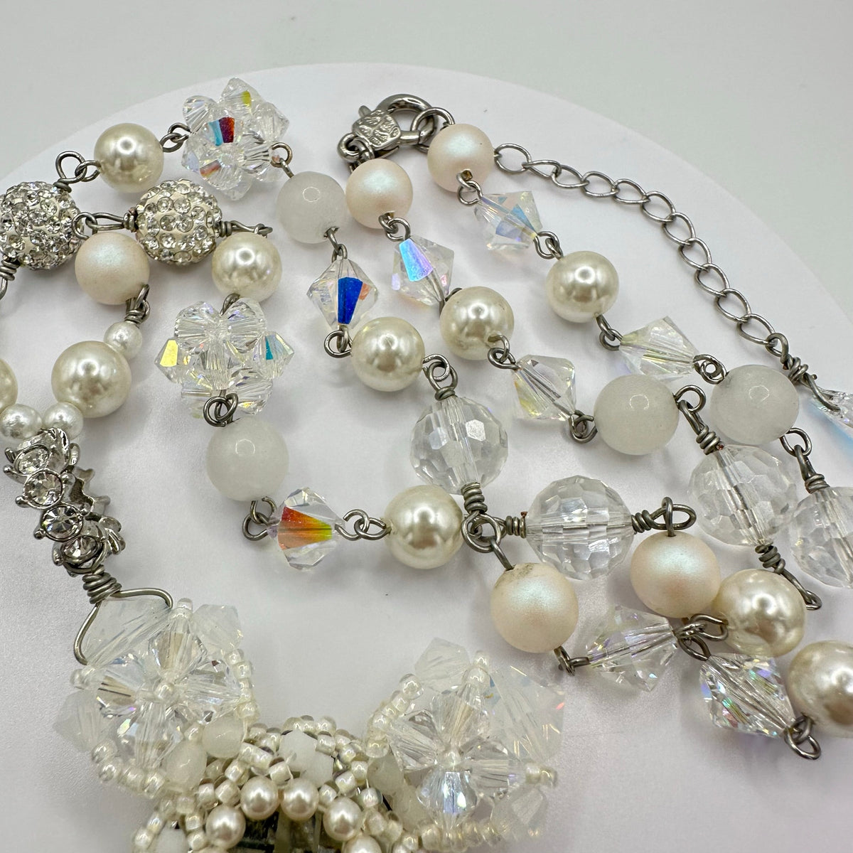 Handmade clear AB white opalite glass faux pearls cross beads beaded necklace