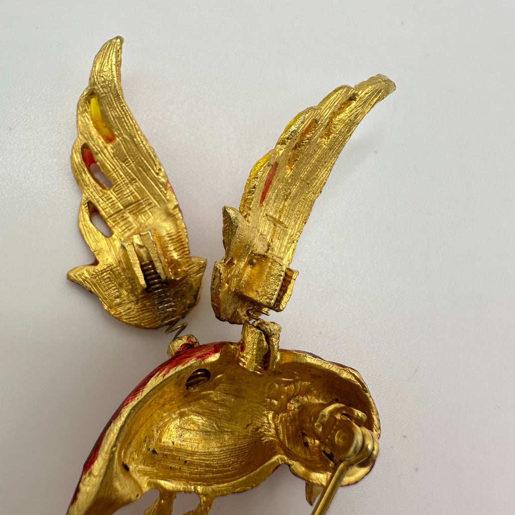 Vintage gold tone trembler en tremblant red enamel phoenix bird brooch