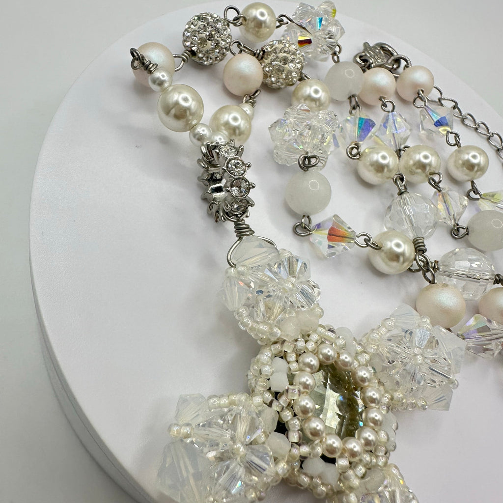 Handmade clear AB white opalite glass faux pearls cross beads beaded necklace