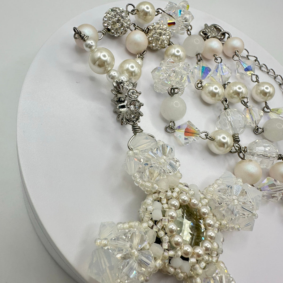 Handmade clear AB white opalite glass faux pearls cross beads beaded necklace