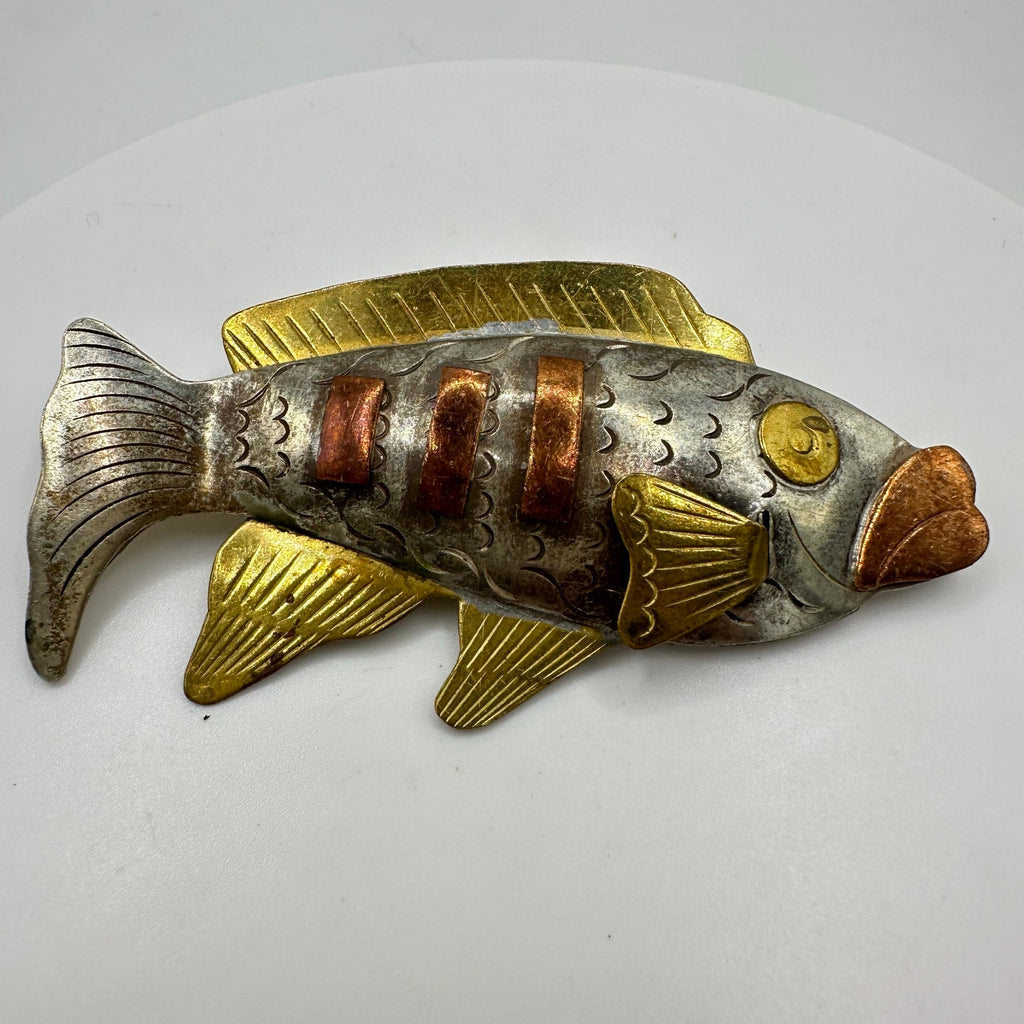 Vintage copper brass gold silver tone handmade modernist fish figural brooch