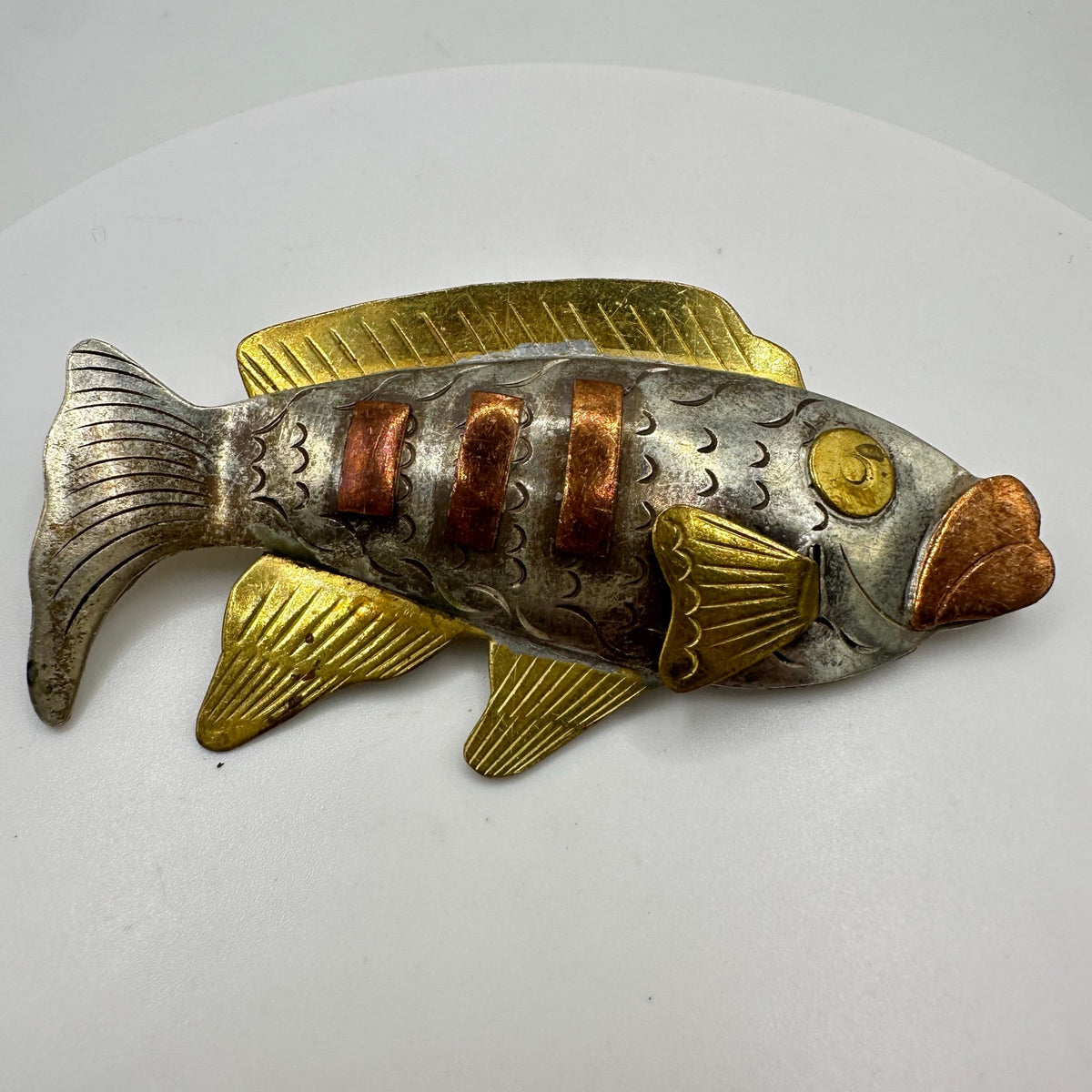 Vintage copper brass gold silver tone handmade modernist fish figural brooch
