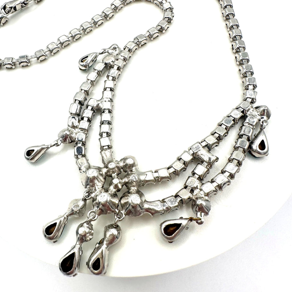 1940s 1950s vintage silver tone clear blue glass rhinestones drops swag necklace