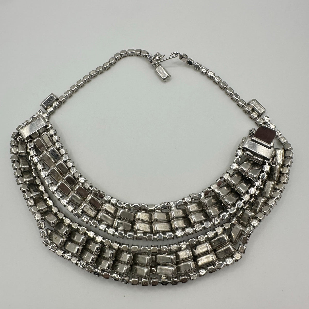 Vintage 1950s silver tone clear rhinestones tennis bracelet necklace parure
