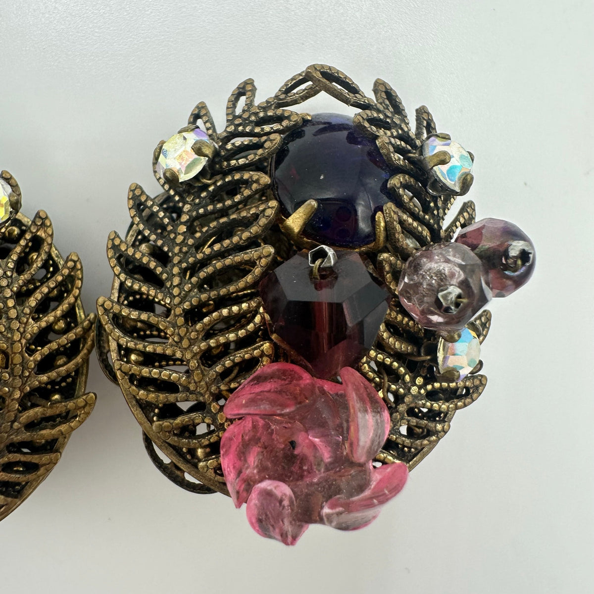 1950s vintage gold tone filigree art glass beads AB rhinestones clip on earrings