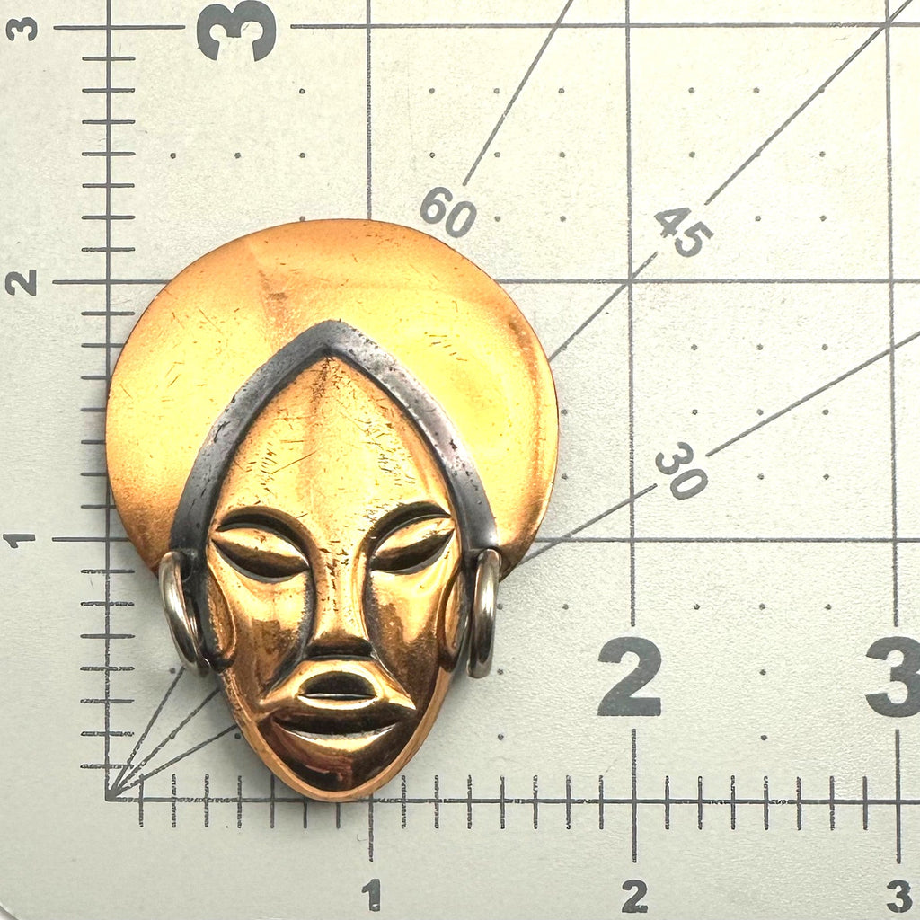 Vintage Elzac style solid copper gold silver tone tribal face figural brooch