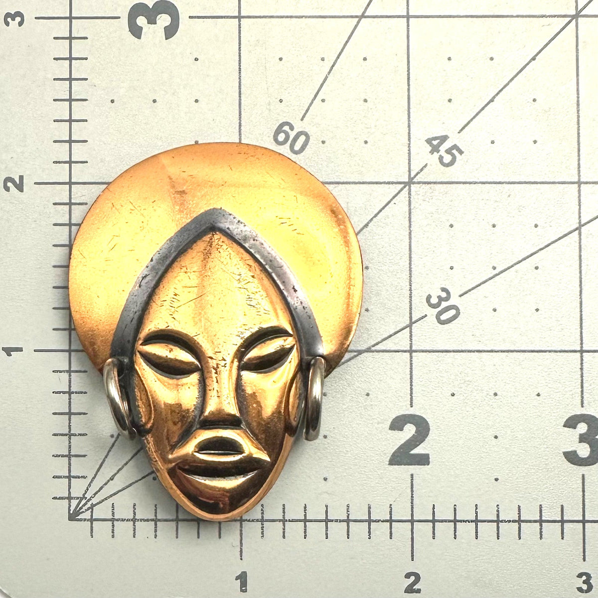 Vintage Elzac style solid copper gold silver tone tribal face figural brooch