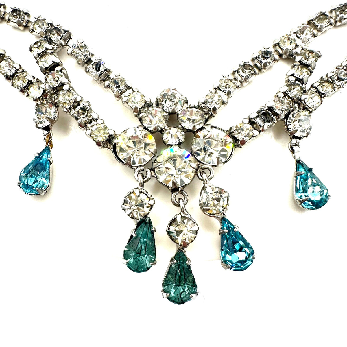 1940s 1950s vintage silver tone clear blue glass rhinestones drops swag necklace