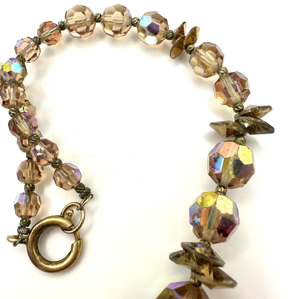 Vintage light topaz faceted glass aurora borealis AB beaded 15.5” necklace