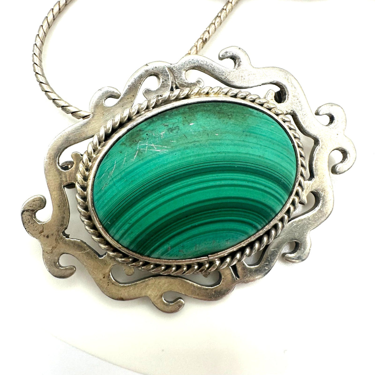 Taxco vintage 925 sterling silver genuine malachite brooch pendant necklace