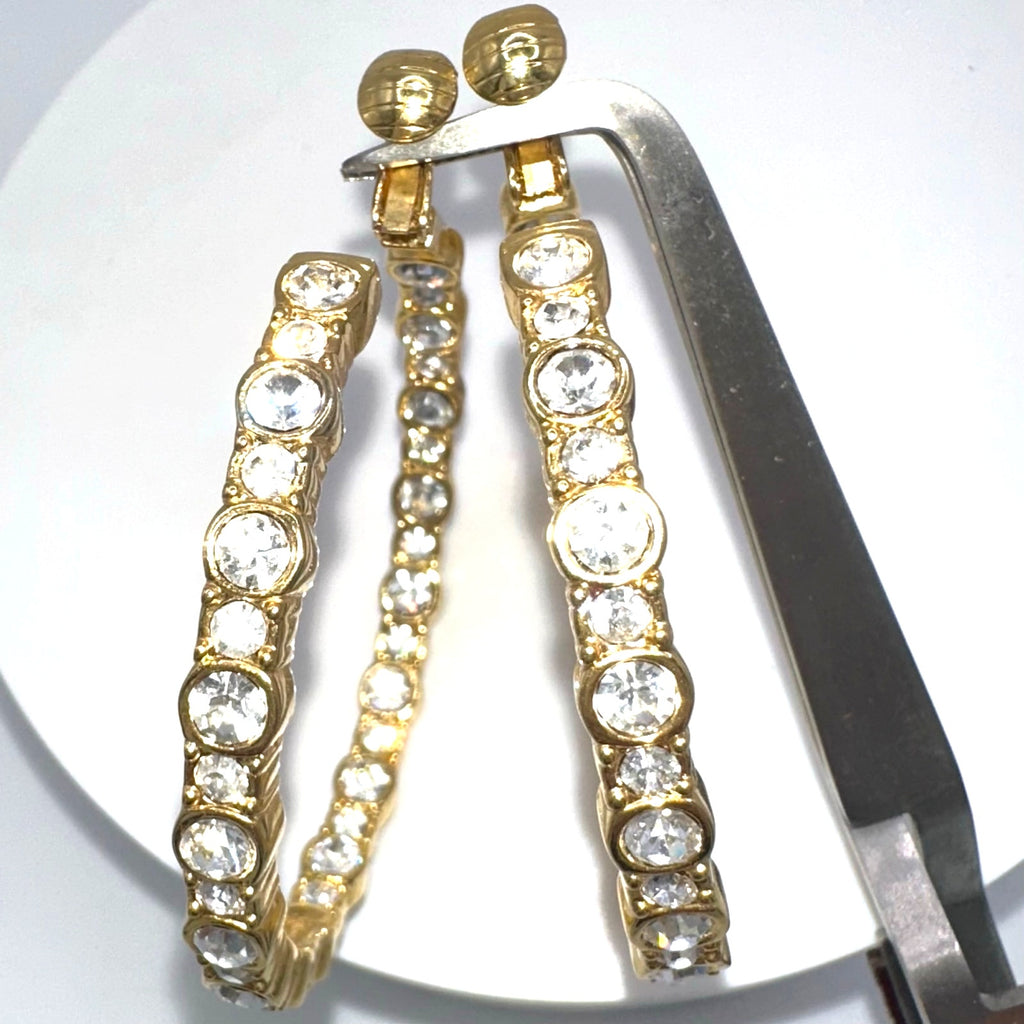China signed gold tone clear rhinestones chunky hoops statement clip on earrings