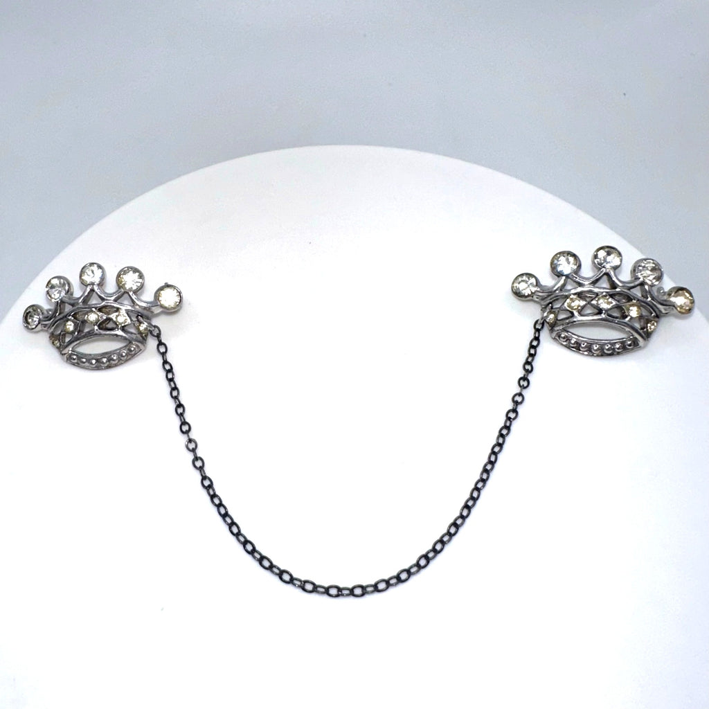 1940s vintage sterling silver rhinestones double crown brooch sweater guard