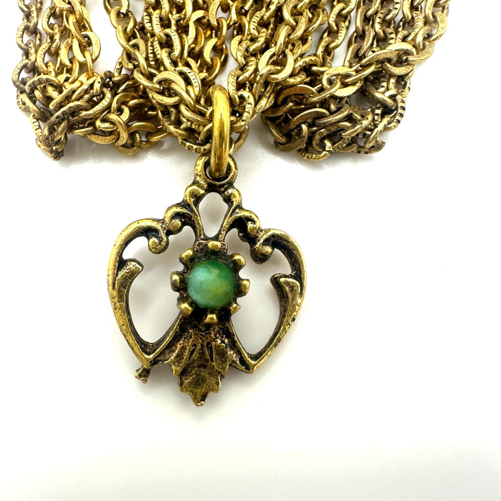 ART Victorian Revival gold tone swag chains rhinestones art glass brooch
