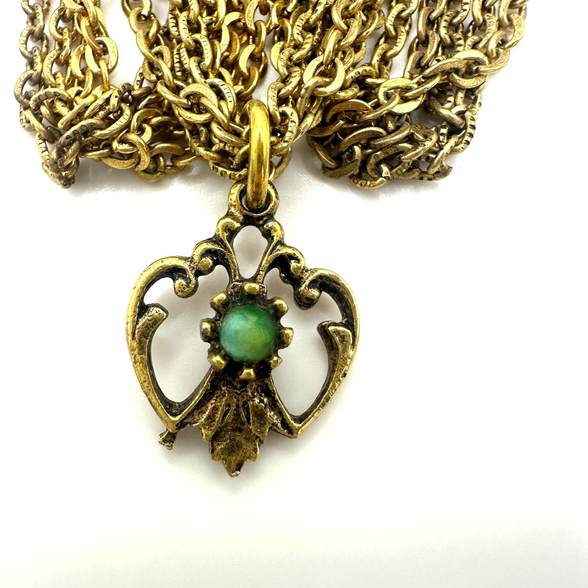ART Victorian Revival gold tone swag chains rhinestones art glass brooch