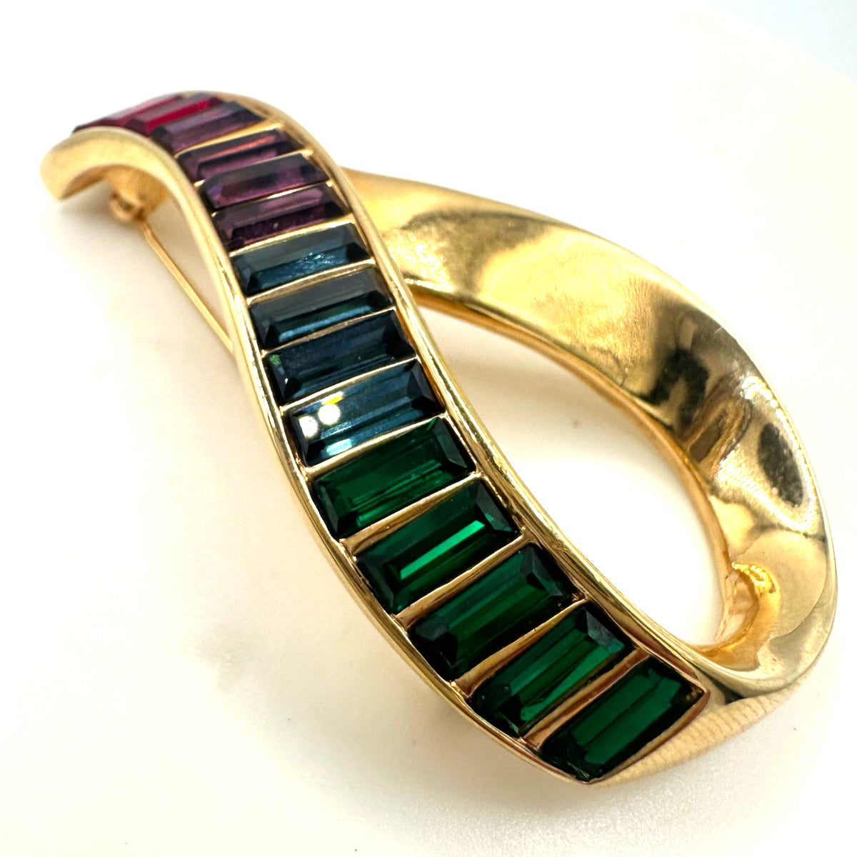 Swarovski Swan signed vintage gold tone rainbow baguettes rhinestones brooch