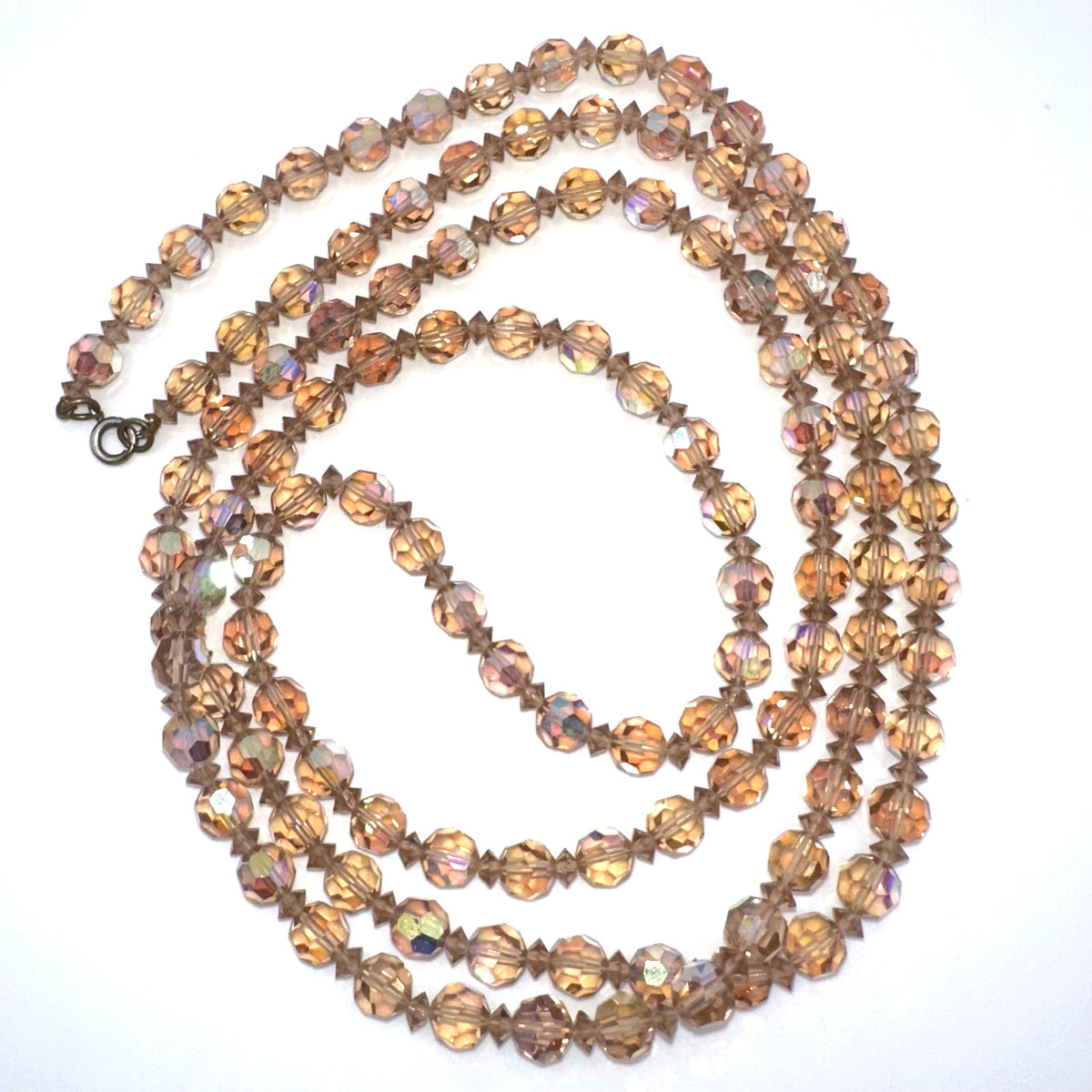 Vintage faux topaz faceted glass aurora borealis AB beads beaded 49” necklace