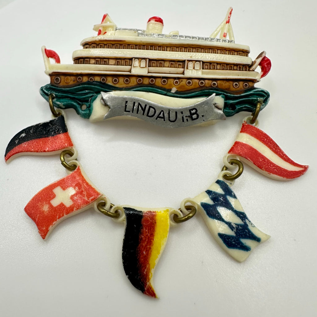 Lindau Germany 1940s retro hand painted celluloid souvenir ship flags brooch