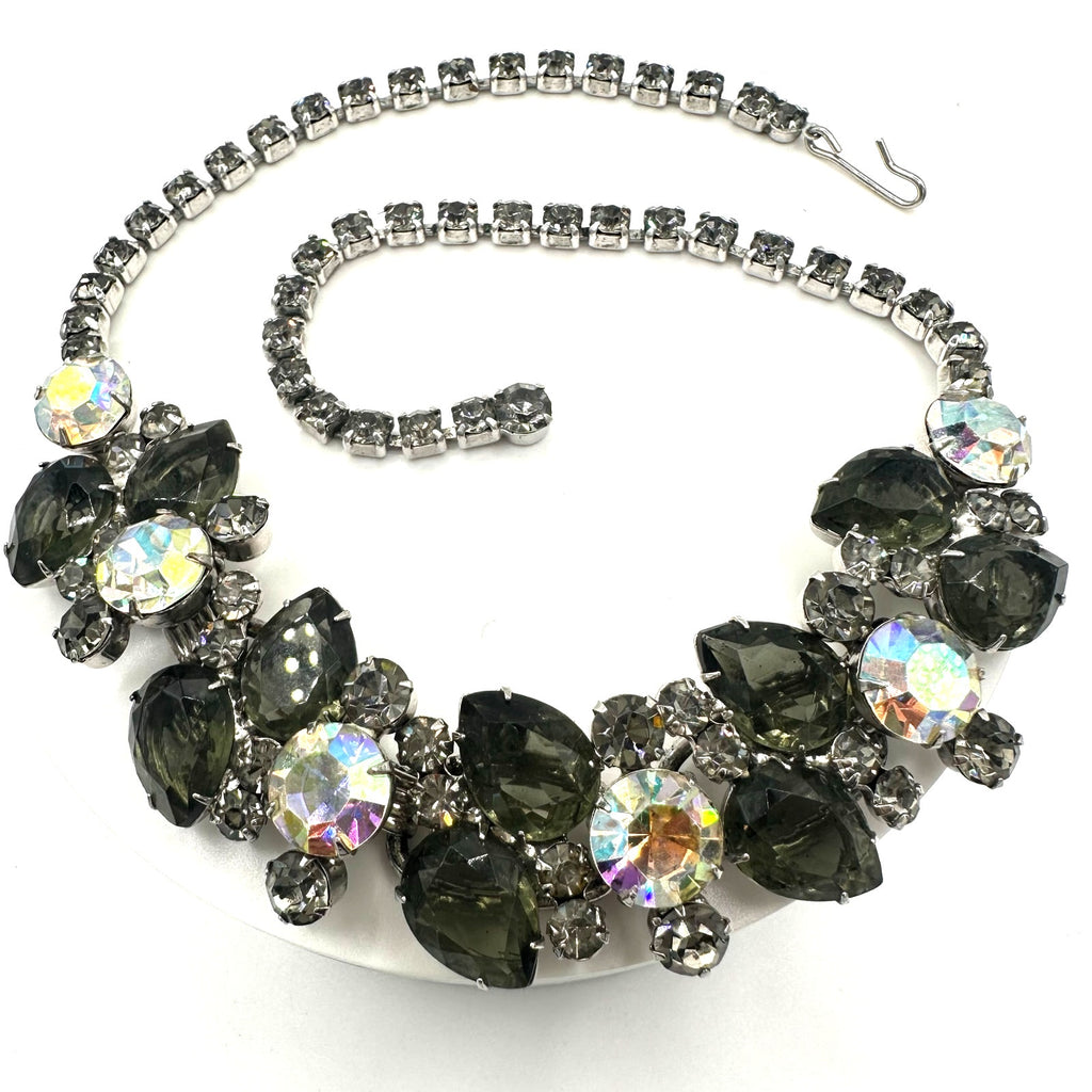 Juliana 1960s vintage book piece silver tone AB gray glass rhinestones necklace