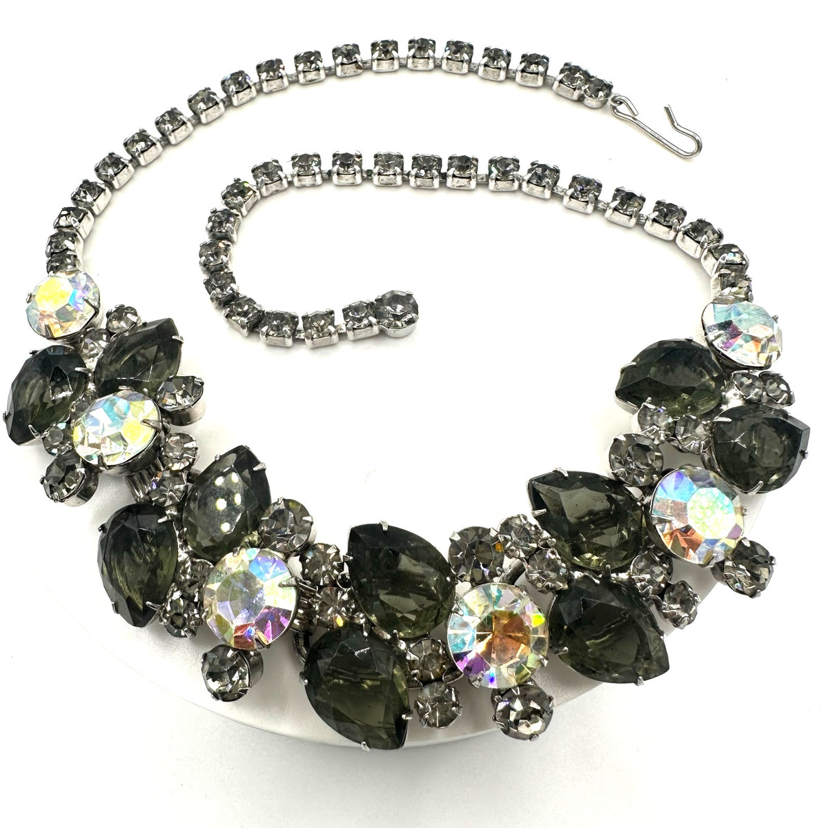 Juliana 1960s vintage book piece silver tone AB gray glass rhinestones necklace
