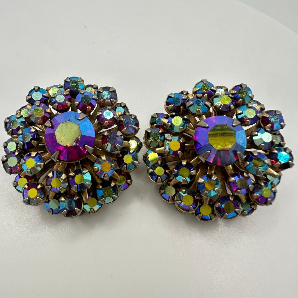 Vintage 1950s gold tone red aurora borealis AB rhinestones clip on earrings