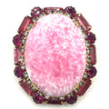 Vintage gold tone oval pink mottled art glass cabochon rhinestones brooch