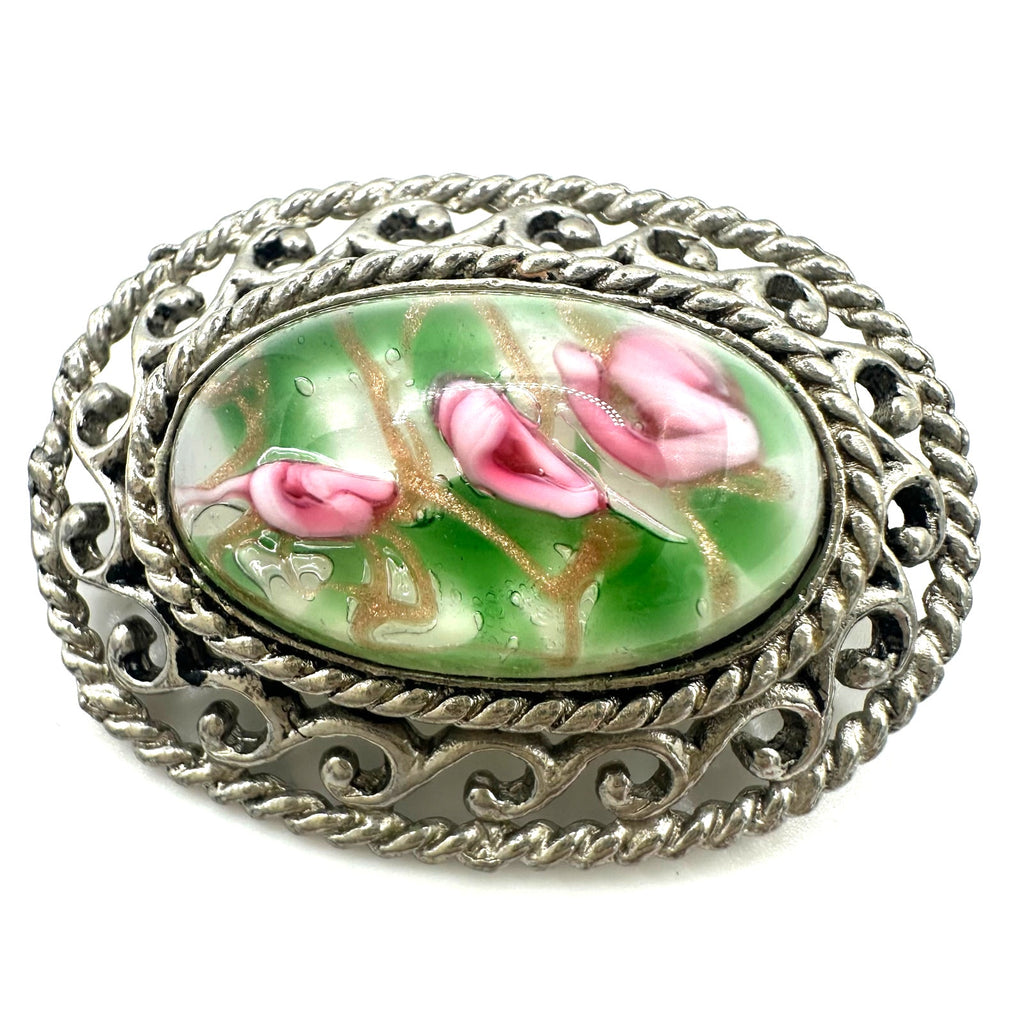 Vintage silver tone Murano pink green blown art glass cabochon oval brooch pin