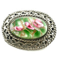 Vintage silver tone Murano pink green blown art glass cabochon oval brooch pin