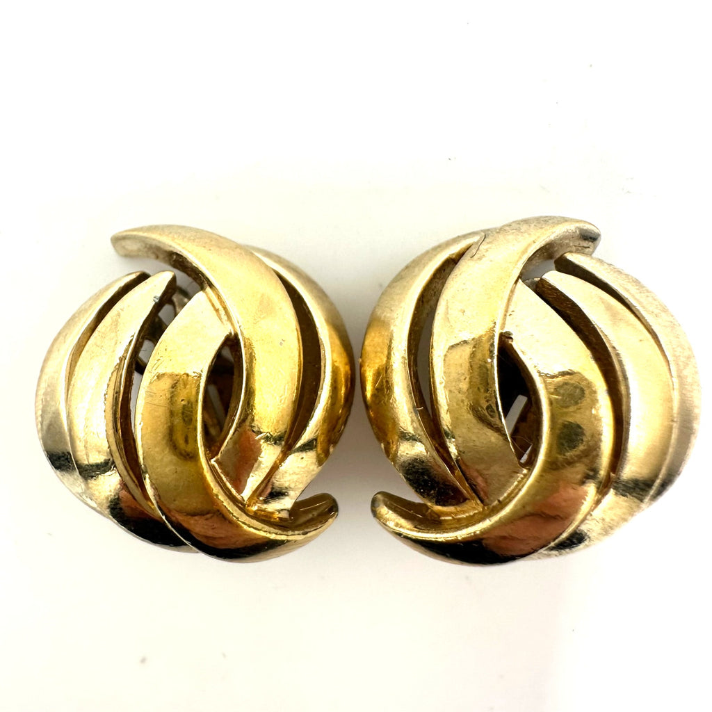 Panetta signed vintage signed gold tone domed abstract leaf clip on earrings