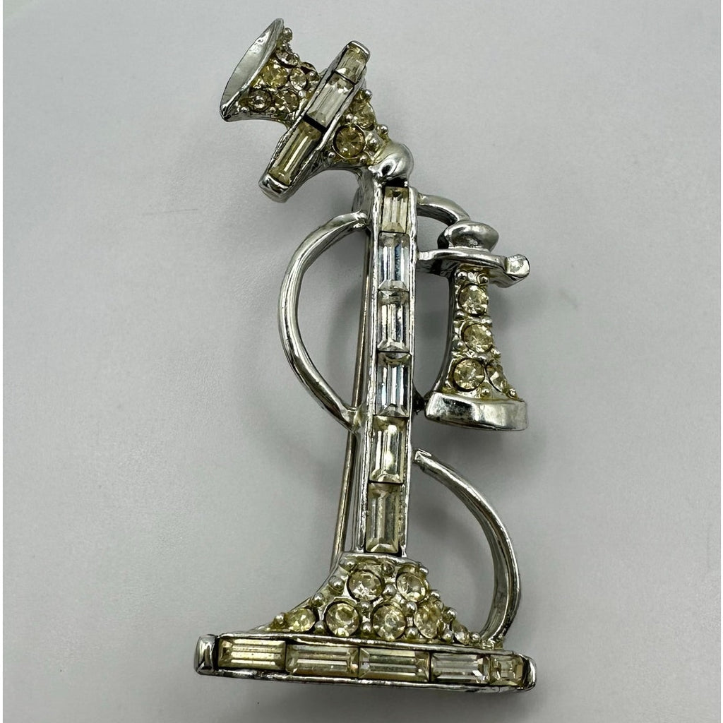 Vintage retro silver tone rhodium plated clear rhinestones telephone brooch