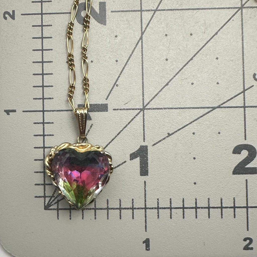 Vintage iris glass heart pendant on Atlas 12kt gold filled 18” chain necklace