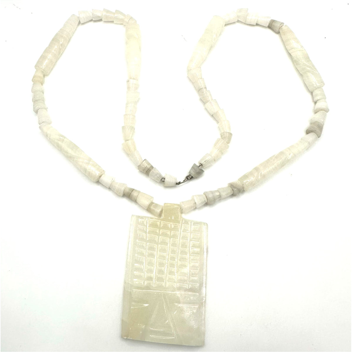 Vintage carved Mexican onyx white agate large face pendant beaded 28” necklace