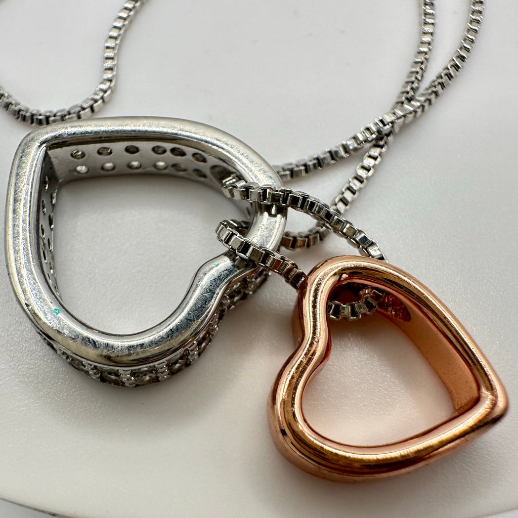 925 sterling silver rose gold cubic zirconia 18” double heart pendant necklace