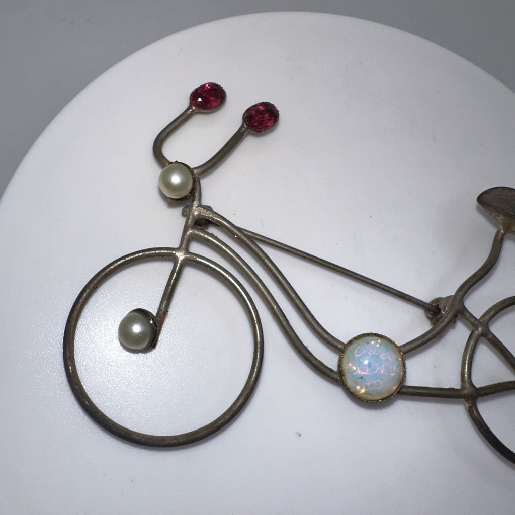 Vintage antique silver tone opalite glass red rhinestones bicycle bike brooch