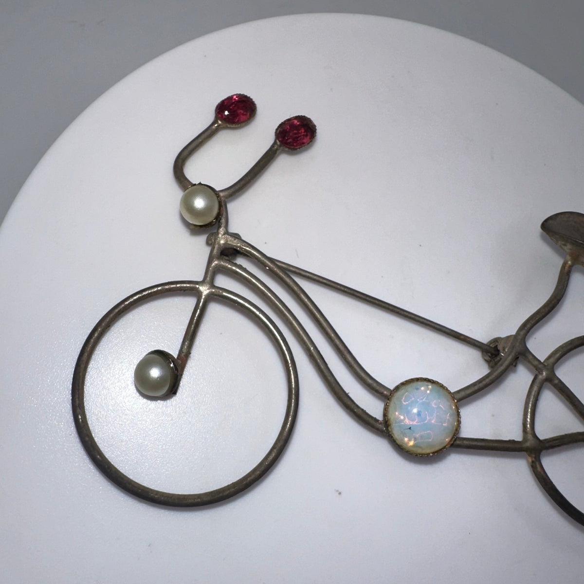 Vintage antique silver tone opalite glass red rhinestones bicycle bike brooch