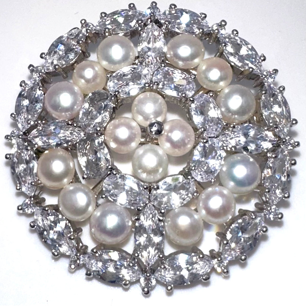 High end silver tone clear cubic zirconia CZs freshwater pearls brooch pendant