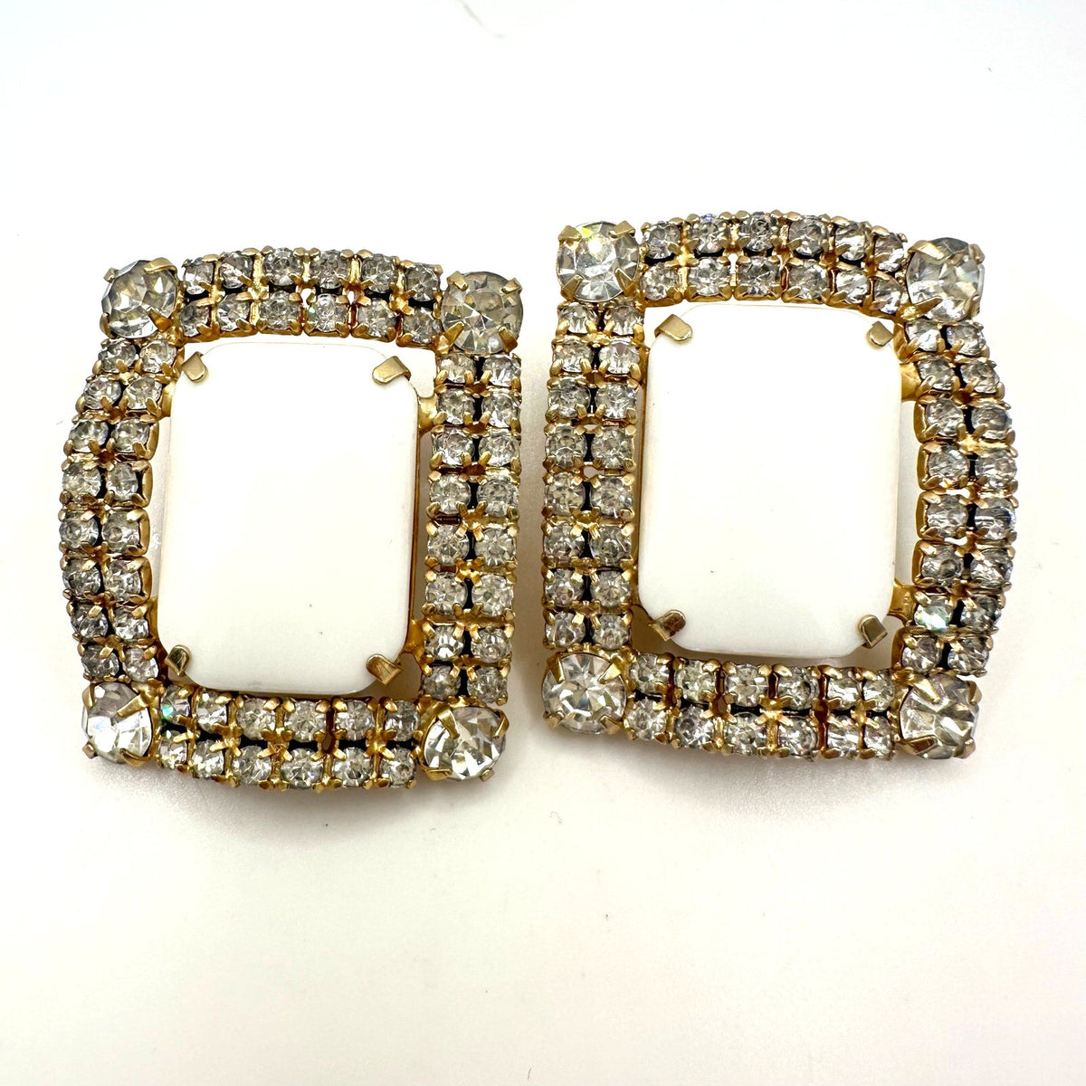 Vintage massive gold tone rectangular milk glass rhinestones clip on earrings