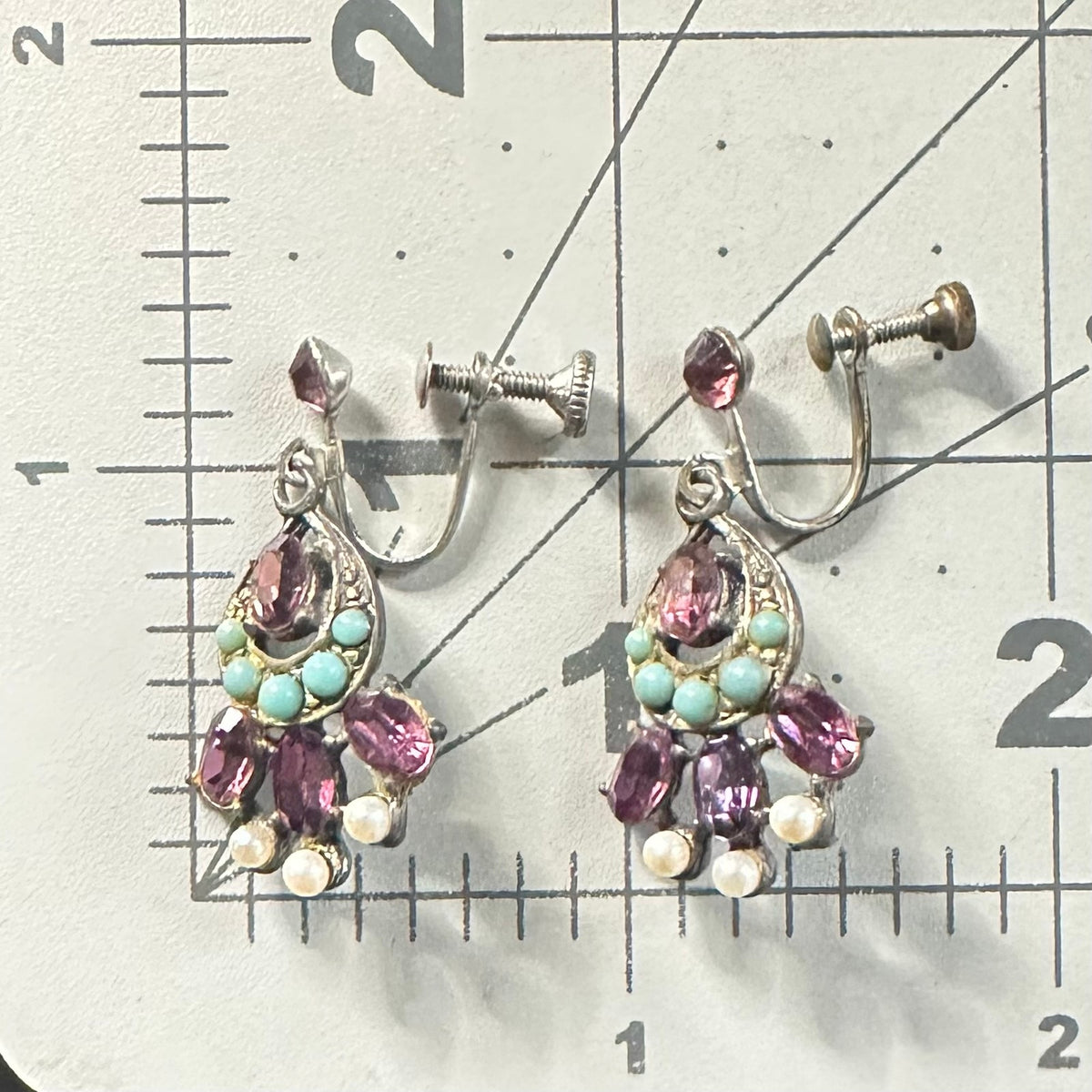 Vintage silver tone purple rhinestones faux turquoise pearls screw back earrings