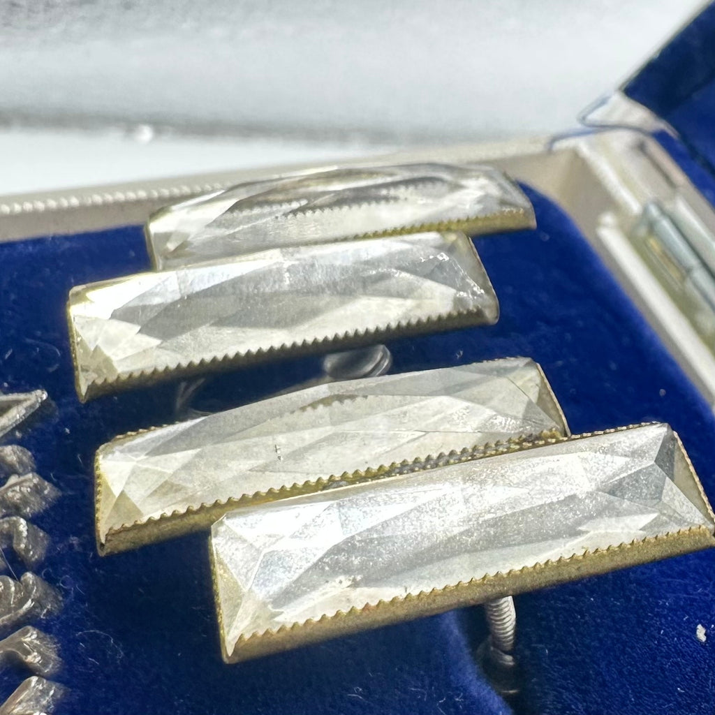 Antique Art Deco 1920s brass Czech glass sterling silver screw back earrings