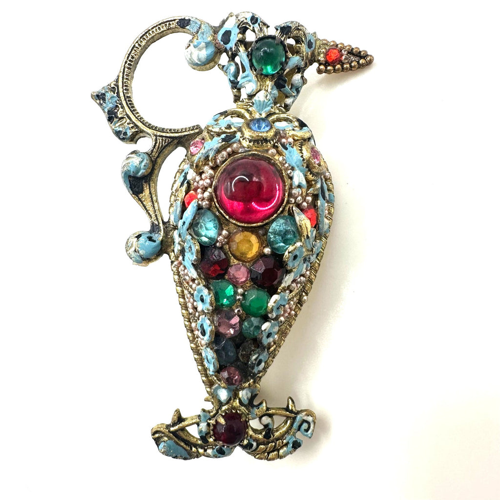 Czechoslovakia antique Art Deco multicolor rhinestones cabochons pitcher brooch