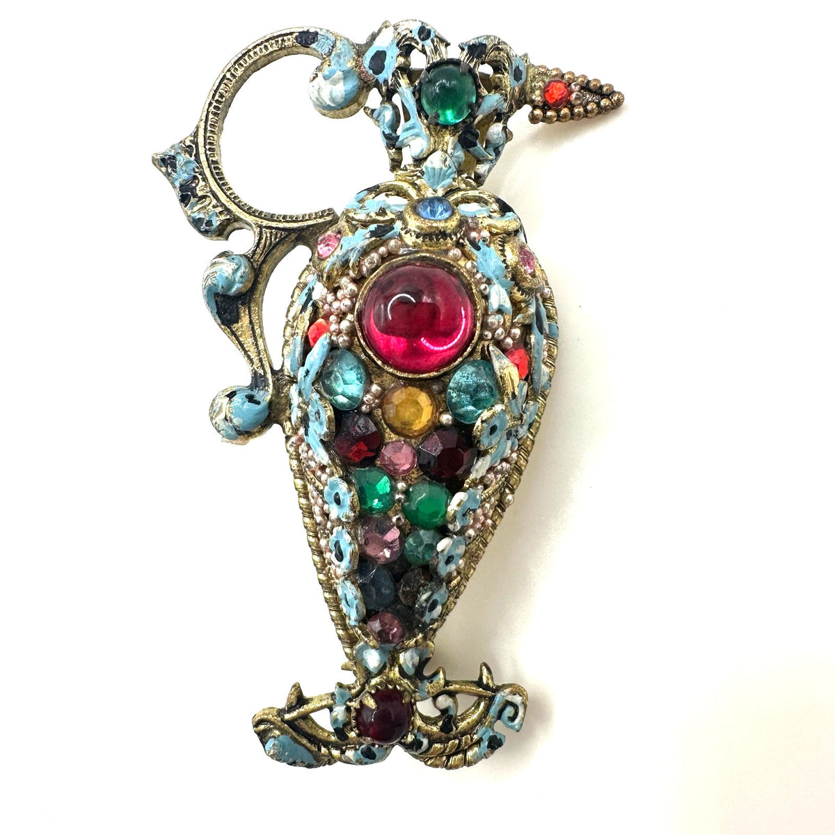 Czechoslovakia antique Art Deco multicolor rhinestones cabochons pitcher brooch